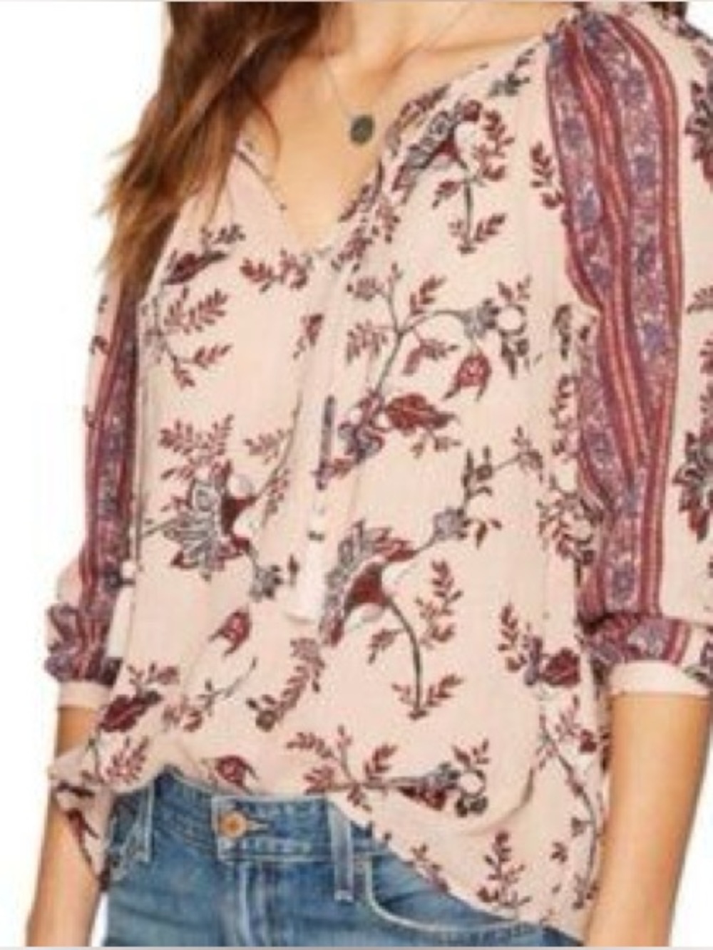 Lucky Brand Live in Love Blush Pink Floral Peasant Blouse with Tassel Tie